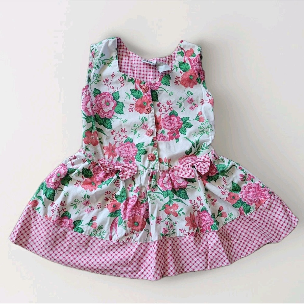 VTG 90s Fashion Essential Girls Floral Gingham Dress | Pink Rosebud Buttons 6/7